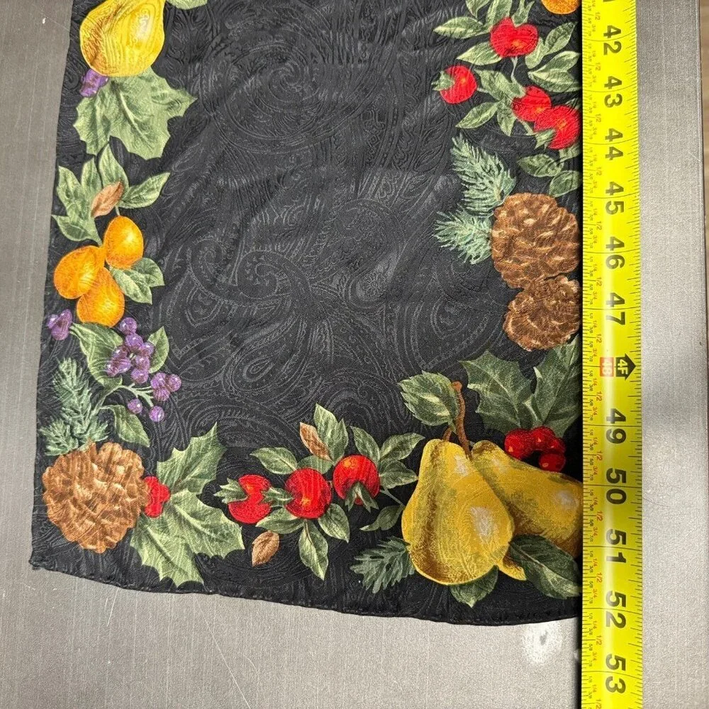 Vintage Luxury Fashion Silk Scarf Black Harvest‎ Fruit Motif Holiday Wrap